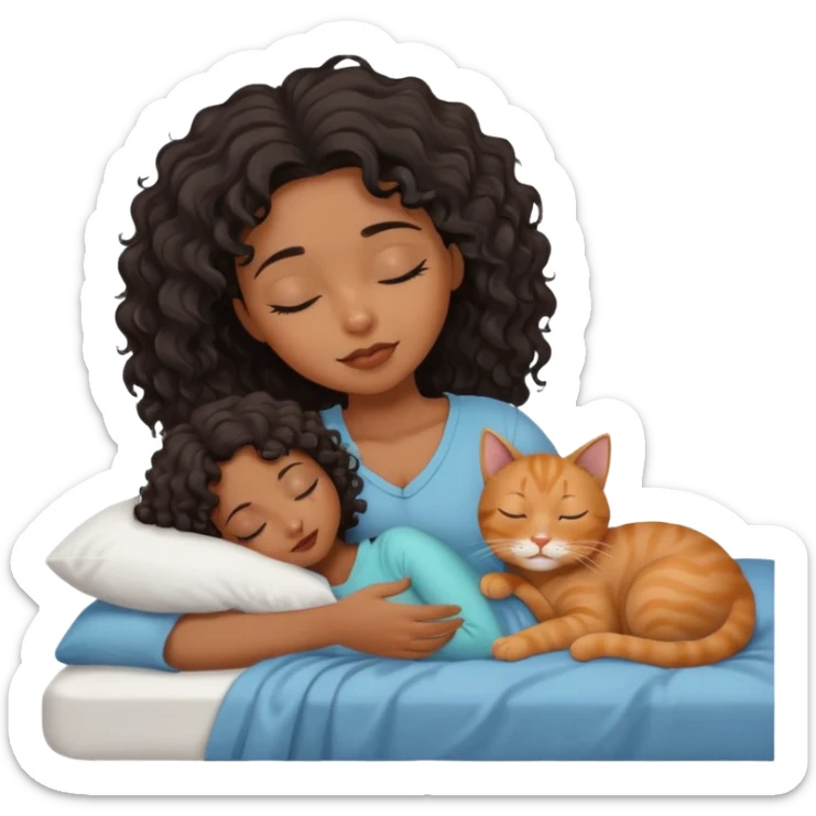 sleeping pretty black wavey hair girl in the bed, her cat is working instead of her sticker