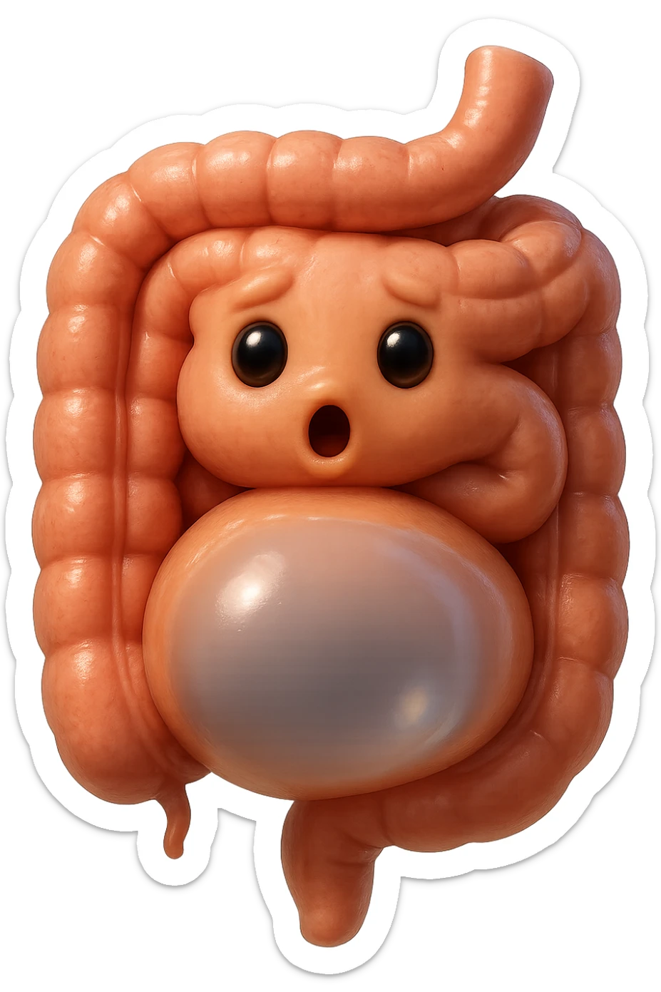 emoji stile iphone di un intestino che ingoia una nuvoletta di aria ben visibile e gli si gonfia la pancia, non fargli il naso, iperrealistico 4k sticker