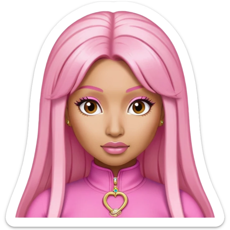 Nicki Minaj wearing a pink outfit with blonde and pink hair sticker