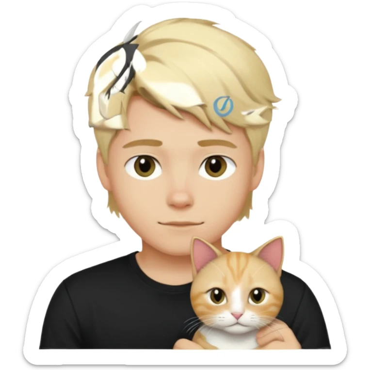 sexy boy with blond kudrnatými hair and black t-shirt with cat  sticker