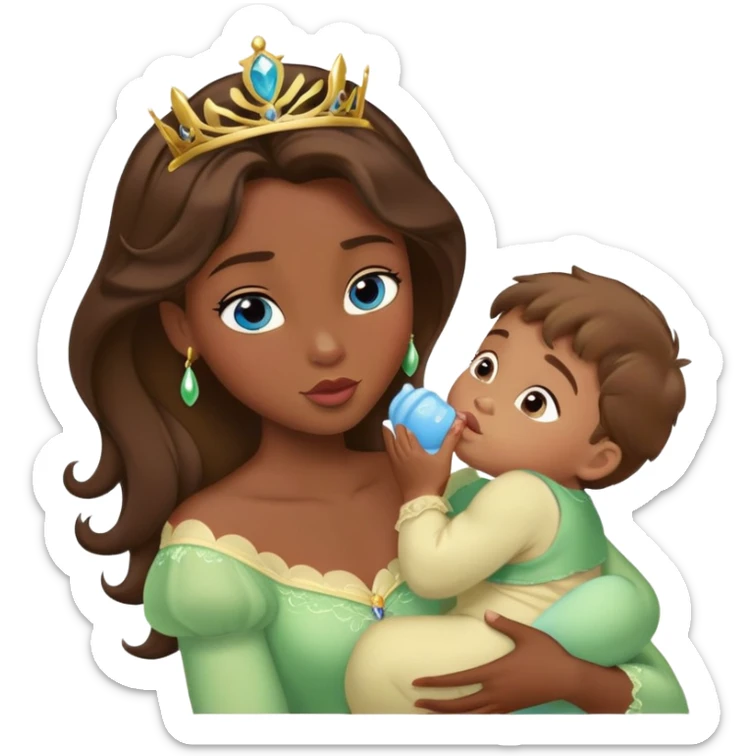 Princesa Tiana  morena pelo marrón dándose un beso con un chico rubio de ojos azules y teniendo un bebé  sticker