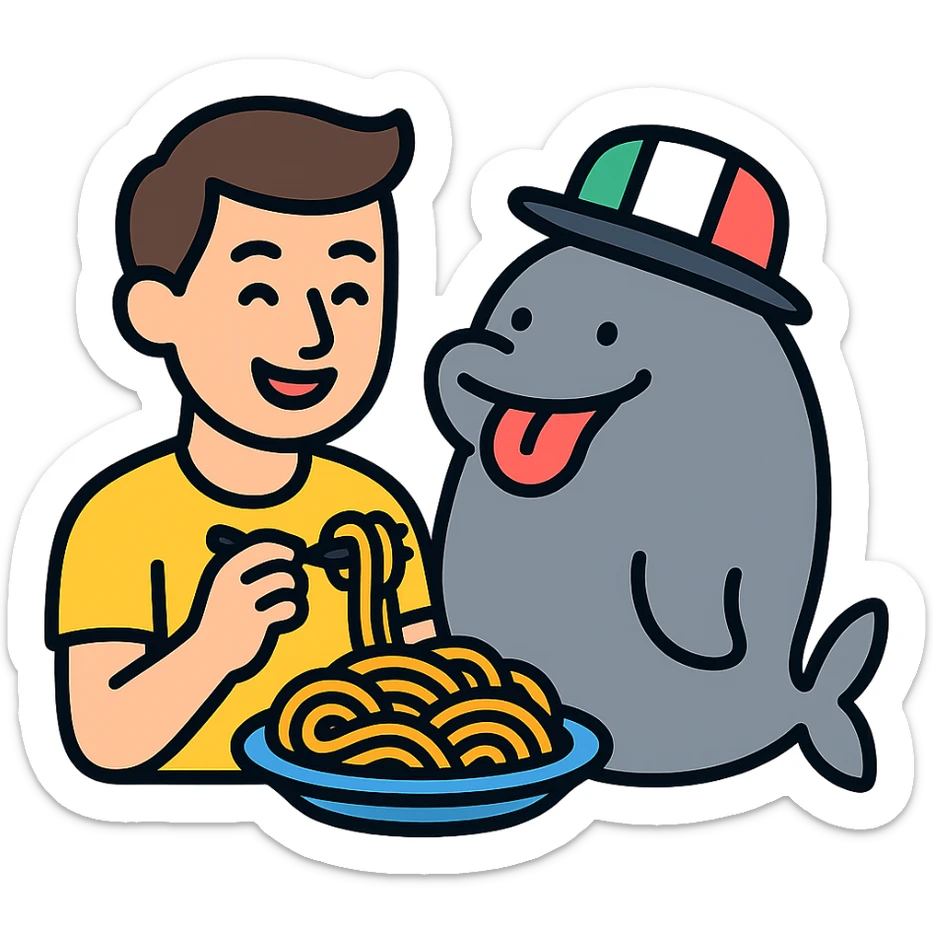 colored outline icon of a guy in Italy eating pasta with a huge, happy, fat whale of a dog wearing an Italy hat sticker