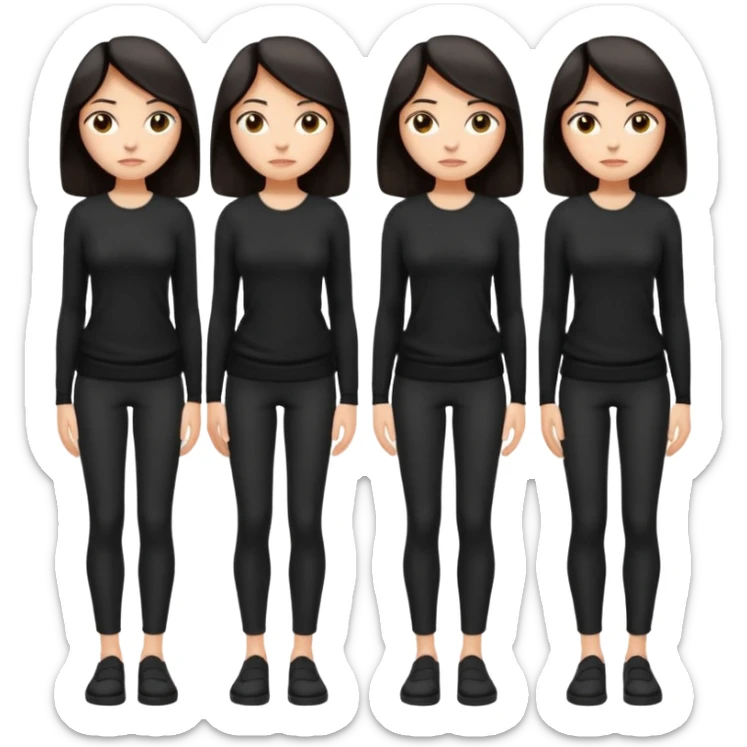 Cartoon emoji of a woman with long, loose dark hair, wearing simple black clothes. Full-height, standing nervously with hunched shoulders, head slightly down, arms close or crossed, legs together, eyes looking away. Smooth, simple, stylized. sticker