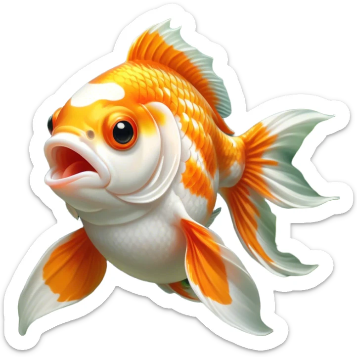 Cinematic Cute Yawning Orange and White Goldfish Portrait Emoji, Head tilted slightly with a dramatic, wide-open yawn, showcasing a smooth body with a balanced blend of orange and white, graceful fins slightly drooping, round golden eyes barely open in drowsy contentment, Simplified yet irresistibly adorable features, highly detailed, glowing with a soft, cozy glow, high shine, relaxed yet expressive, stylized with a touch of whimsy, bright and endearing, soft glowing outline, capturing the essence of a sleepy yet affectionate goldfish, so drowsy it feels like it could float out of the screen and curl up for a nap! sticker