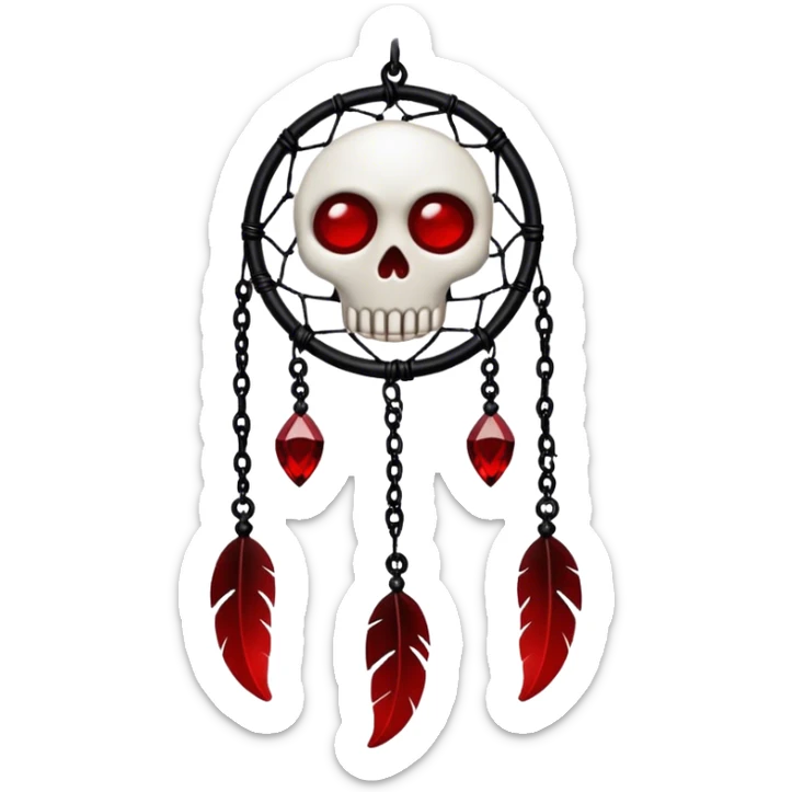 Blood-red, bloody, obsidian-black, edgy, dream catcher, red gemstones, black wires, black threads, tiny white skull, sticker