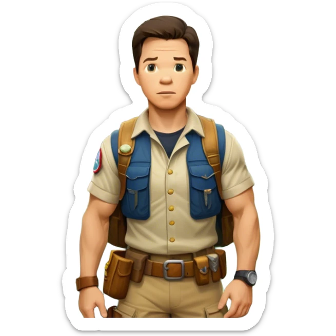 Icon for Adventure Movie: A vintage movie poster-style design featuring Mark Wahlberg in a jungle with a treasure map, wearing explorer gear. Include ancient ruins, treasure piles, and jungle foliage in the background. Exciting and adventurous cinematic feel. Transparent background. sticker