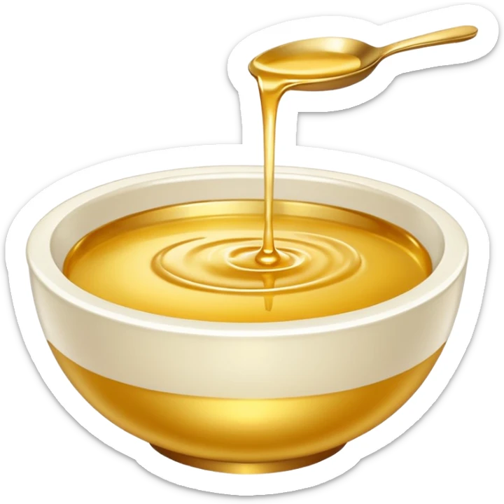 white bowl of gold liquid, vibrant gold color, smooth, no spoon, simple, clear sticker