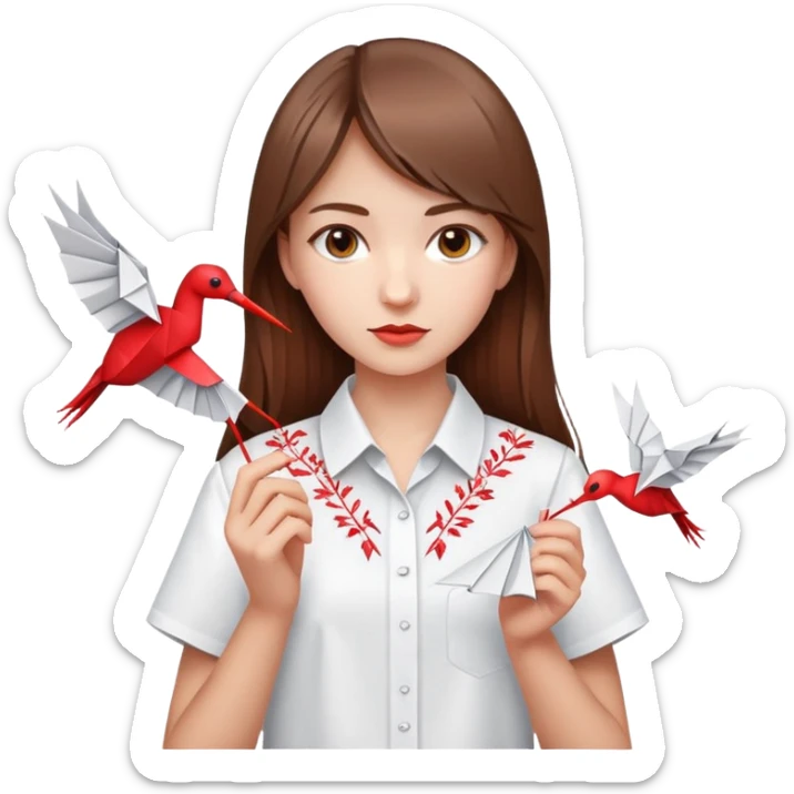 Ukrainian young girl with brown hair wearing a white embroidered shirt holds an origami red crane sticker