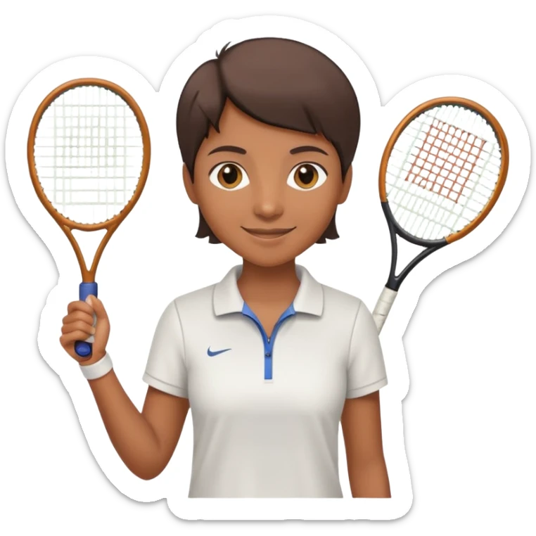 Chindian tennis coach, caramel brown skin, short straight hair, oval face, small eyes, smiling, holding a tennis racket sticker