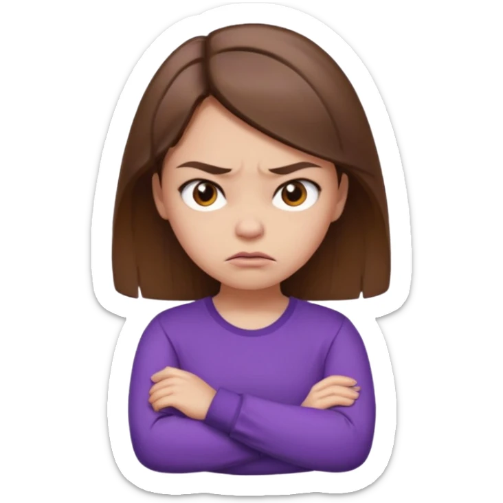 Angry Pouty girl with squinted eyes folding arms in a purple longsleeve shirt she has fair skin and brown hair sticker