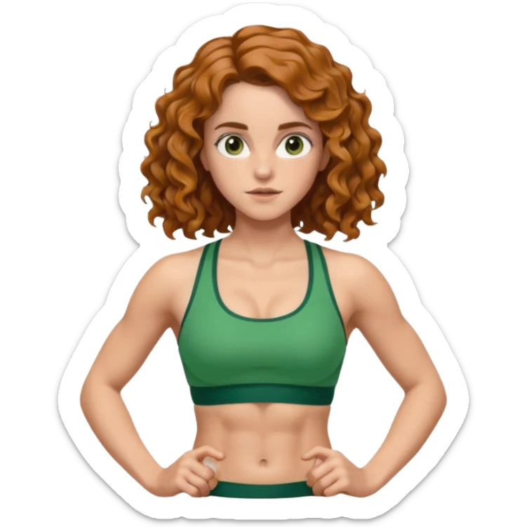 big biceps, muscled torso, very beautiful italian happy girl, looking like Emma Watson, with wavy curly bright hazelnut hair, dressed in green bra sports outfit, pulling up sticker
