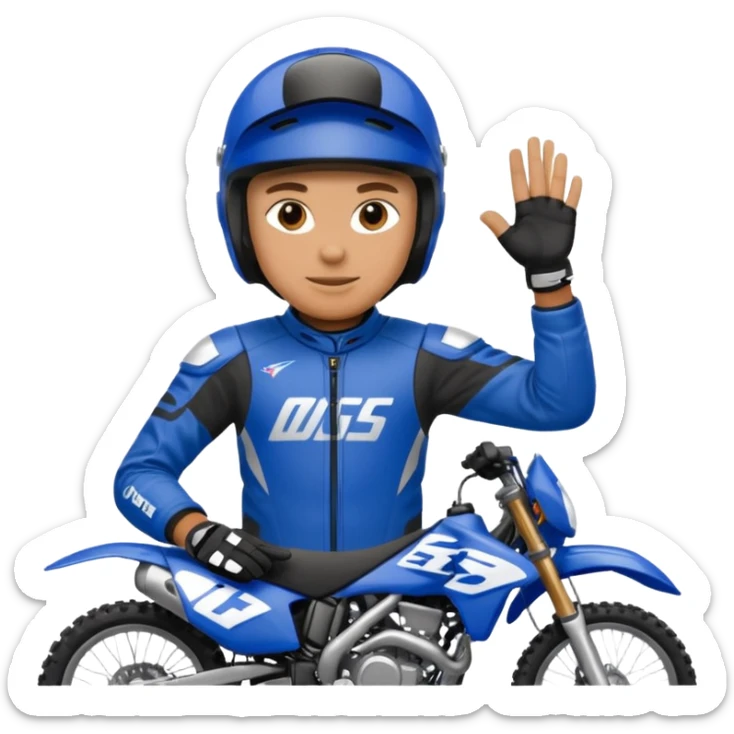 dirtbike rider in blue gear signing autographs sticker