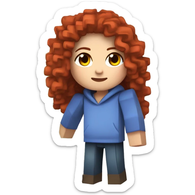 a white girl with long red curly hair, wearing periwinkle Minecraft hoodie playing a videogame sticker