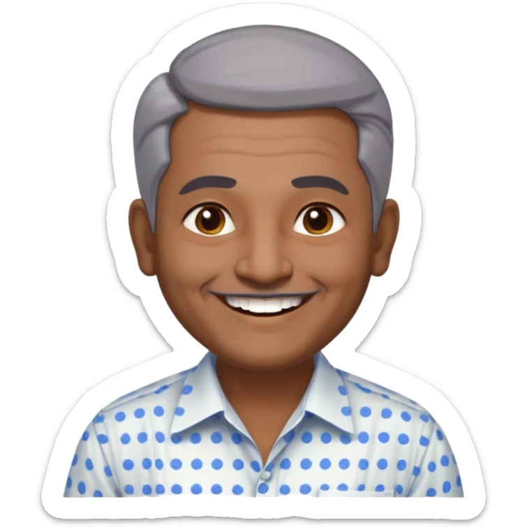 50 yr old indian man, dark skin, grey hair, big smile, white teeth, chubby, no moustache, clean shaven, young style hair, hair brushed back, 5 oclock shadow, bindy dot on forehead, dress shirt sticker