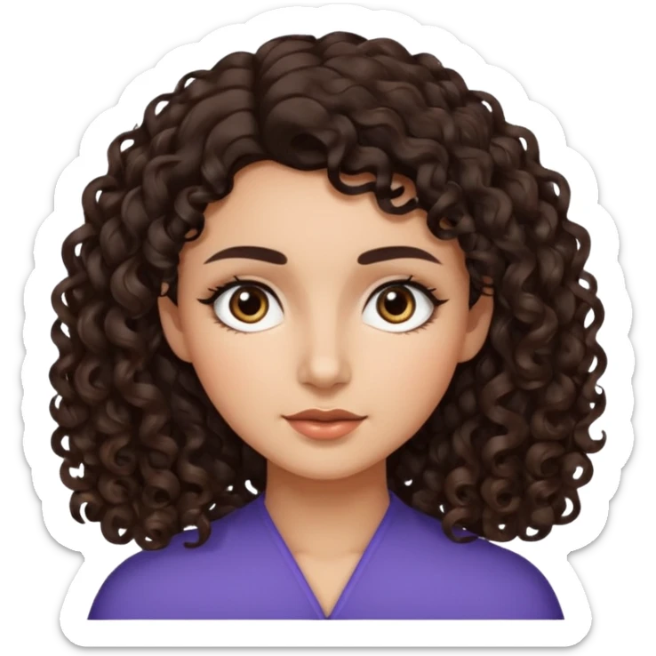 Morena, cabelo cacheado castanho escuro, com as pontas meia claras, rosto meio quadrado meio triangular, sobrancelhas arqueadas castanho escuro  sticker