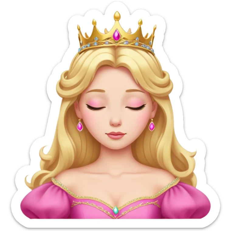Aurora Sleeping Beauty from hips up, bright pink ballgown, golden blonde hair with gold tiara, minimal style but very recognizable sticker