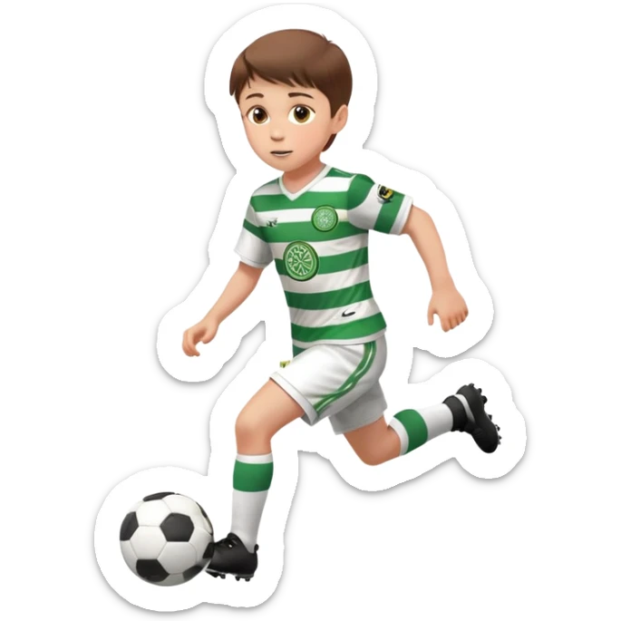 Celtic footballer jersey logo  6 years old brown hair white boy , brown eyes , stripes uniform , RUNNING  with soccer ball is number  17 celtic football logo  ONE CELTIC LOGO ONLY white shorts sticker