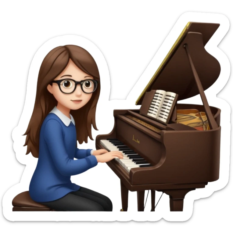 girl long brown hair. round glasses eye. playing piano sticker