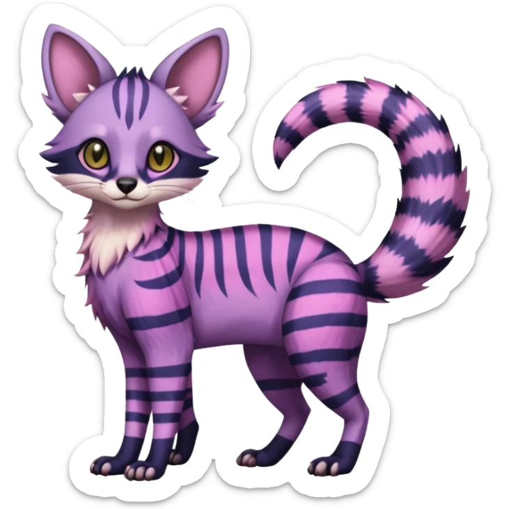 Indigo, purple, violet, pink, Civet-Genet-Possum-Serval-Caracal-Sergal-Trico-Numbat-Furret-fusion-Fakemon-hybrid-creature (full body) with long tufted ears and a striped tufted tail  sticker
