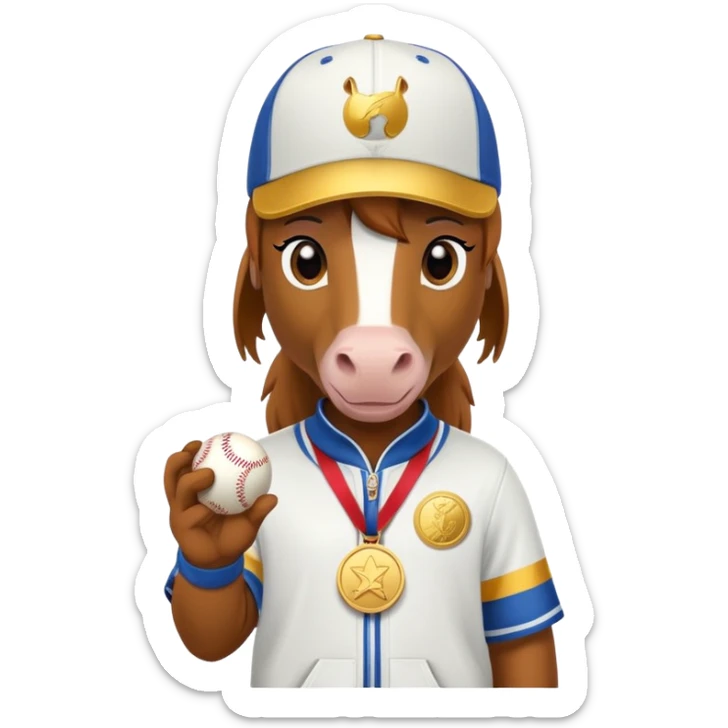 friendly anthropomorphised horse in a hip-hop outfit, wearing a gold medal and a baseball hat sticker