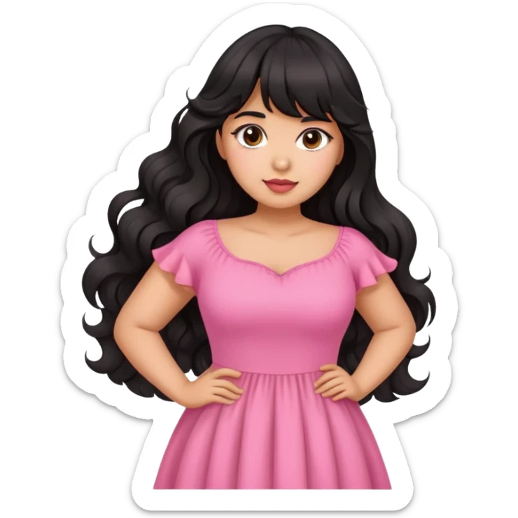 Latina girl with bangs black long wavy hair plus size with a pink dress sticker