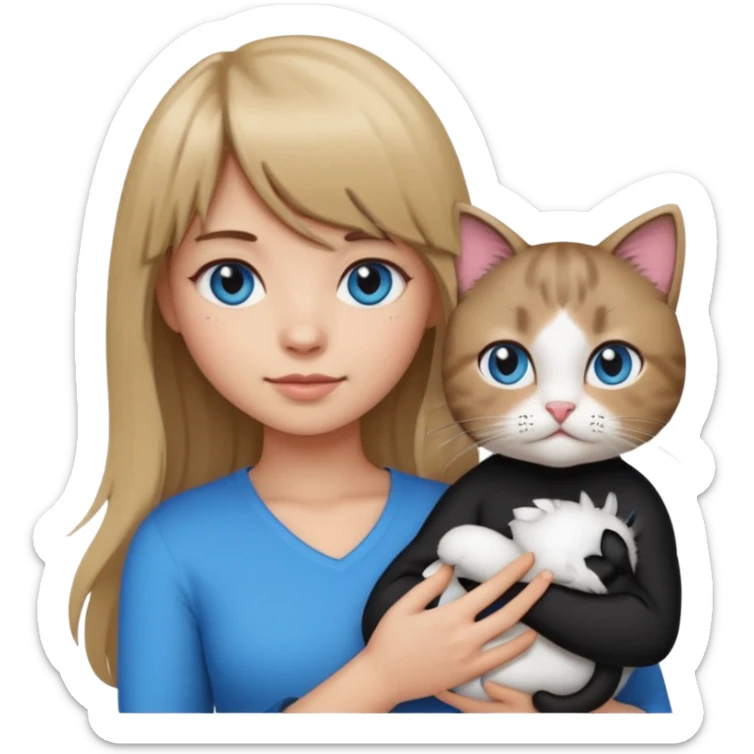 Apple-style emoji sticker of a young woman with long dark blond hair and bangs, blue eyes , holding a spotting black-and-white kitty on her chest.  sticker