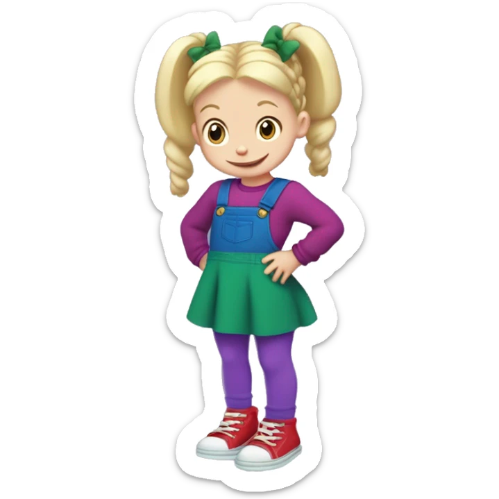 A little blonde girl with pigtails and little purple bows wearing a red long-sleeved shirt and purple overalls skirt with blue tights with green polka dots and purple sneakers, full body, rugrats sticker