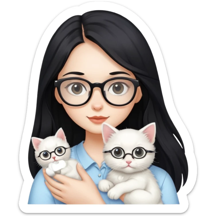 Beautiful girl with long black hair and glasses holding a white kitten sticker
