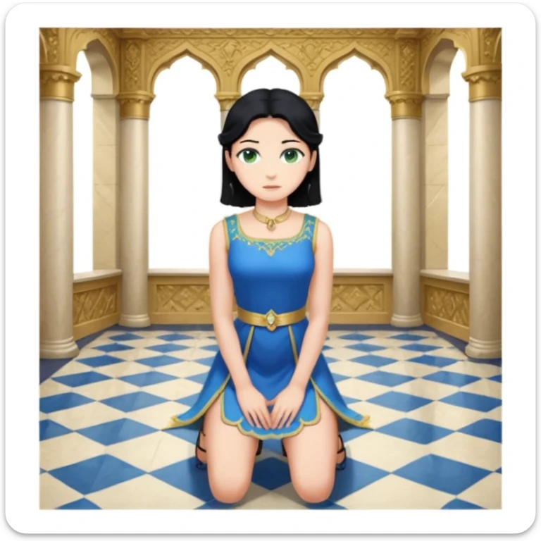 King, standing, black Hair, blue eyes, female Servoamt, blonde, green eyes, shott white sleveless Dress, kneeling, background palace sticker