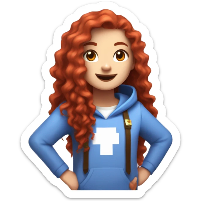 a white girl with long red curly hair and freckles, wearing periwinkle Minecraft hoodie playing a videogame smiling sticker