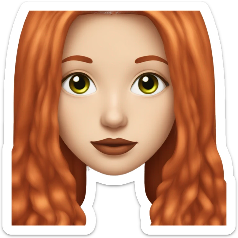 straight long red hair,red lipstick red,green eyes, white skin and a small nose sticker