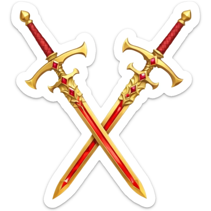 Two crossed swords that are golden in blade and handle and have fiery and royal appearence to them as well as red gem stones yellow in color sticker