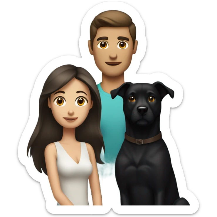 A brunette woman with an brunette man and black dog sticker