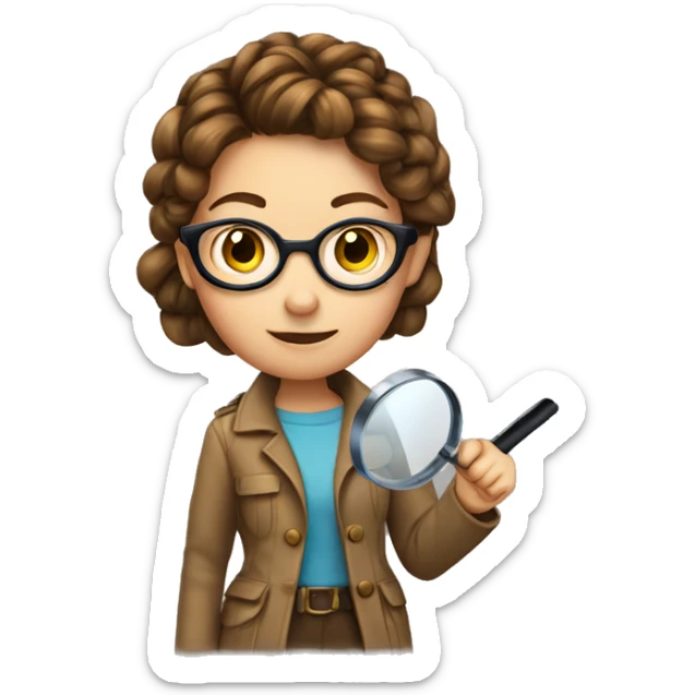 girl detective with brown braided hair, glasses and a magnifying glass sticker