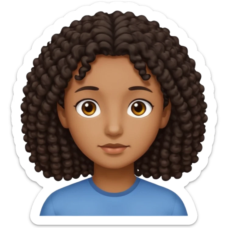 This is a cartoon-style avatar of a person with dark light curly hair, brown skin, and a calm expression sticker