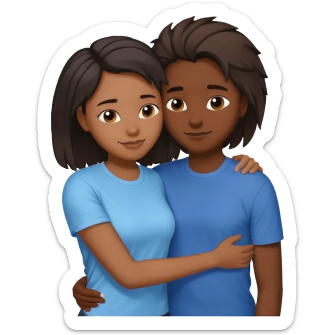 Black lesbian couple with one dark skin masculine with short hair low cute fade with a t shirt and one feminine with long hair in a blouse hugging  sticker