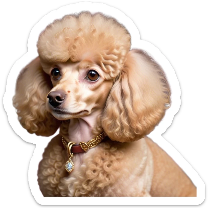 Cinematic Noble Apricot Poodle Portrait Emoji, Poised and regal, with a refined, elegant build and a meticulously groomed, curly apricot Fur, deep-set soulful warm eyes, Simplified yet sharp and sophisticated features, highly detailed, glowing with a soft, dignified glow, high shine, intelligent and graceful, stylized with an air of sophistication, focused and attentive, soft glowing outline, capturing the essence of a watchful and confident companion, so majestic it feels as though it could prance out of the screen with effortless authority! sticker