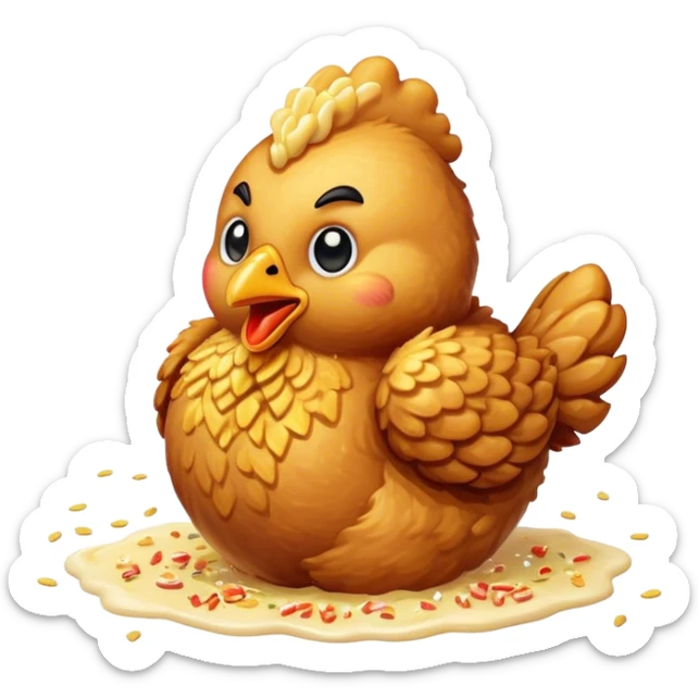 Cinematic crispy fried chicken, golden and crunchy, juicy inside, steaming as it is freshly served, sprinkled with seasoning, rich golden tones, inviting and delicious. sticker