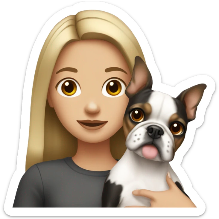 Girl with dirty blonde hair holding a Boston terrier sticker