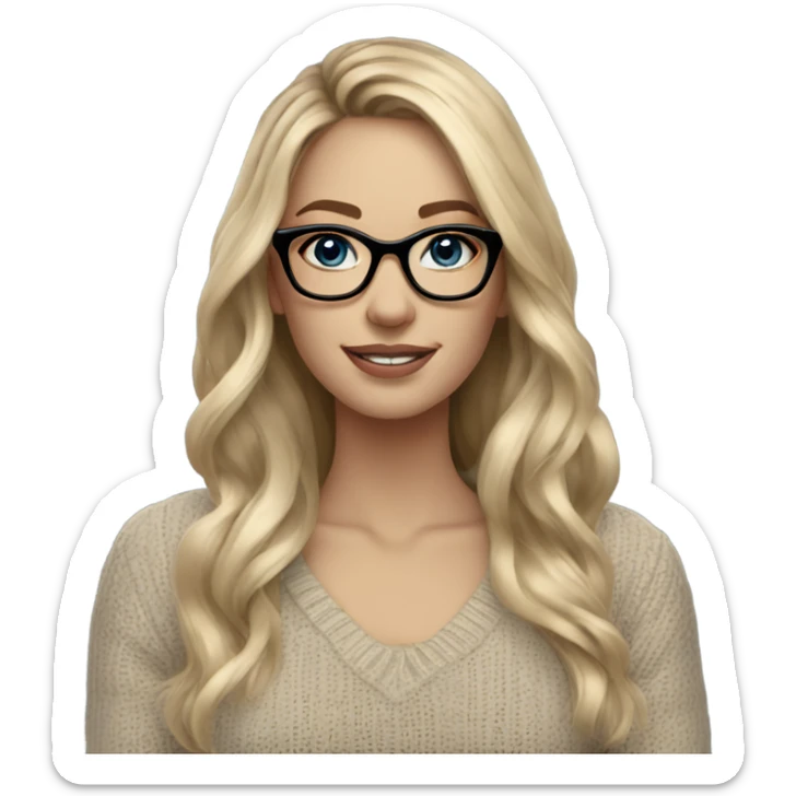 Blonde balayage long hair women blue eyes  beige sweater wearing black glasses  sticker