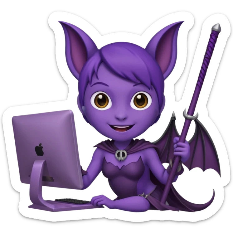 a happy purple girlie bat holding a scythe while sitting in front of her computer sticker