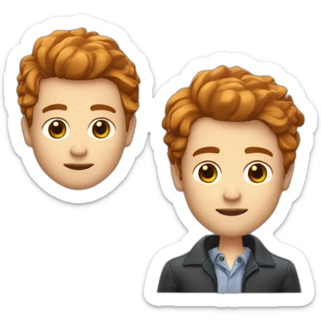 Homme cheveux roux yeux bleus + homme cheveux poivre et sel, yeux marrons + chihuahua poils longs couleur sable sticker