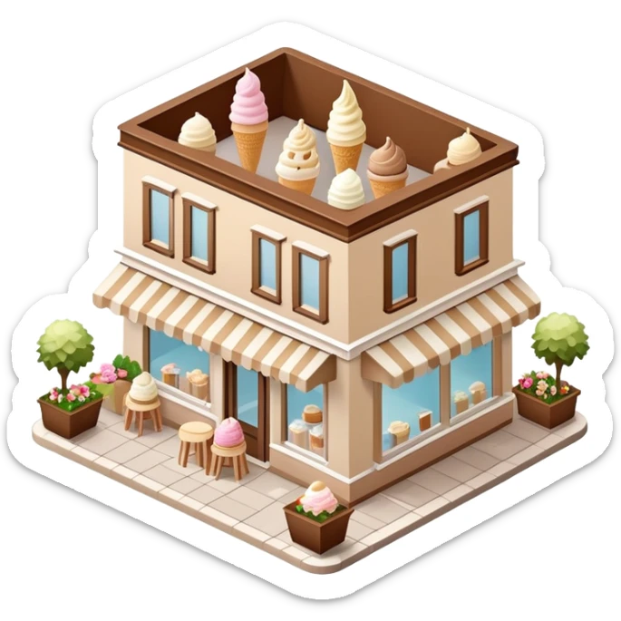 Isometric exterior little brown, beige, and white gelato ice cream shop, dollhouse style 3D realistic  sticker
