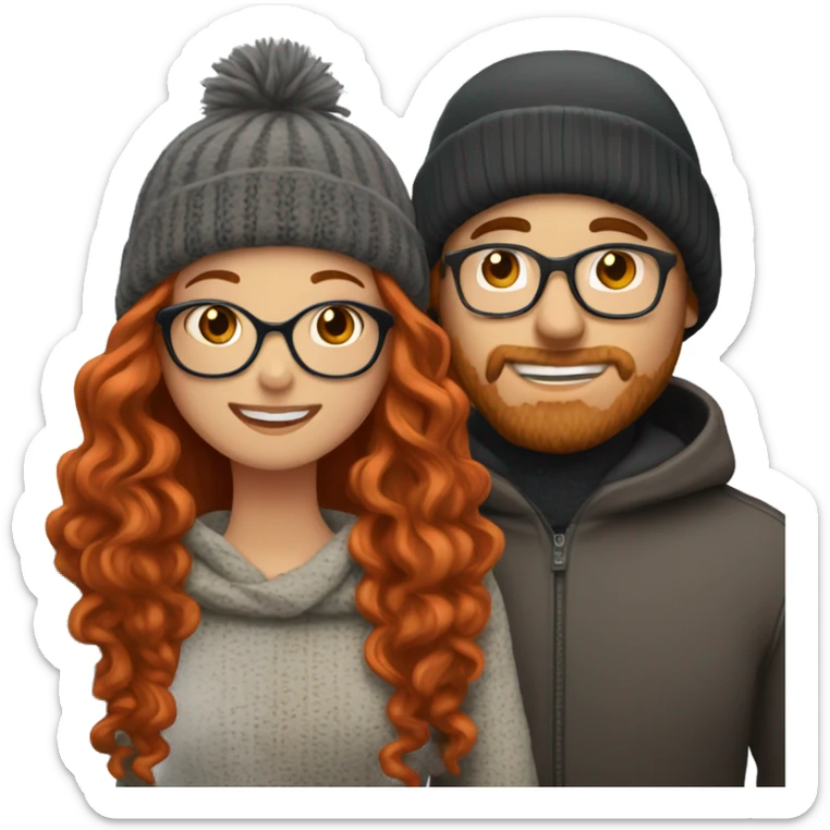 Red haired white couple kissing. Woman long hair with beanie. Man curly hair with glasses. sticker