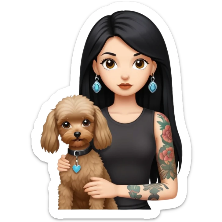girl with long black  straight hair and tattoos and a  white Yorkshire and a brown poodle sticker