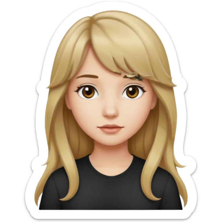 Uma garota de cabelo ondulado loiro escuro,mas com franja lisa e olhos pretos, e a cor de pele branca,e o cabelo LONGO  sticker