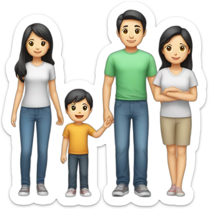 Famille 4 personne 1 fils 1 fille au cheveux long 1 père asiatique 1 mère sticker