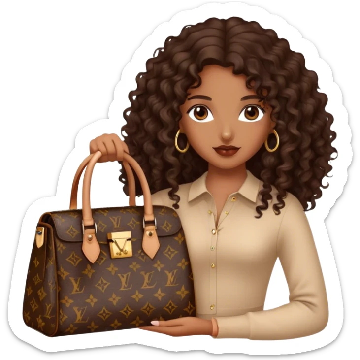 Brown girl with long dark brown long curly hair with Louis Vuitton bag sticker