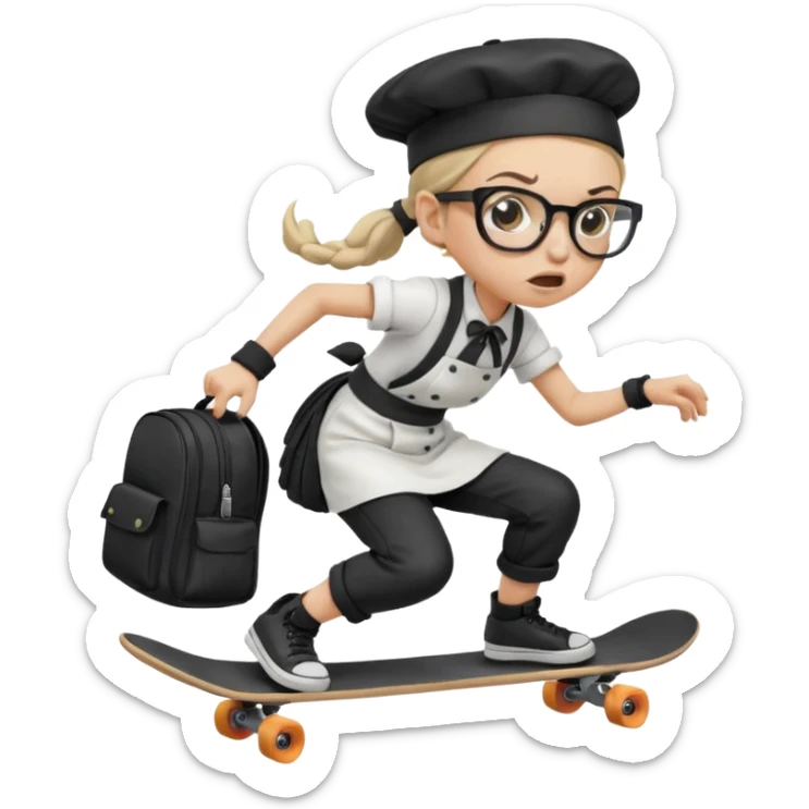 An angry woman with light skin, ponytail, wearing a chef hat and square glasses, dressed in goth fashion, is skateboarding while holding a backpack. sticker