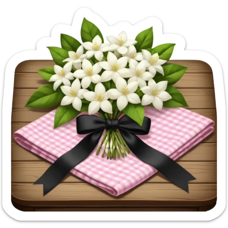 A lush bouquet of white color Jasmin black satin ribbon, resting on an antique wooden table, with a pale yellow and pink plaid pattern table cloth sticker